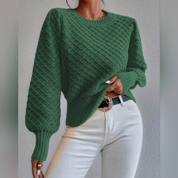 New Chic Chunky Argyle Knit Sweater Top Pullover Green - Picture 3 of 9